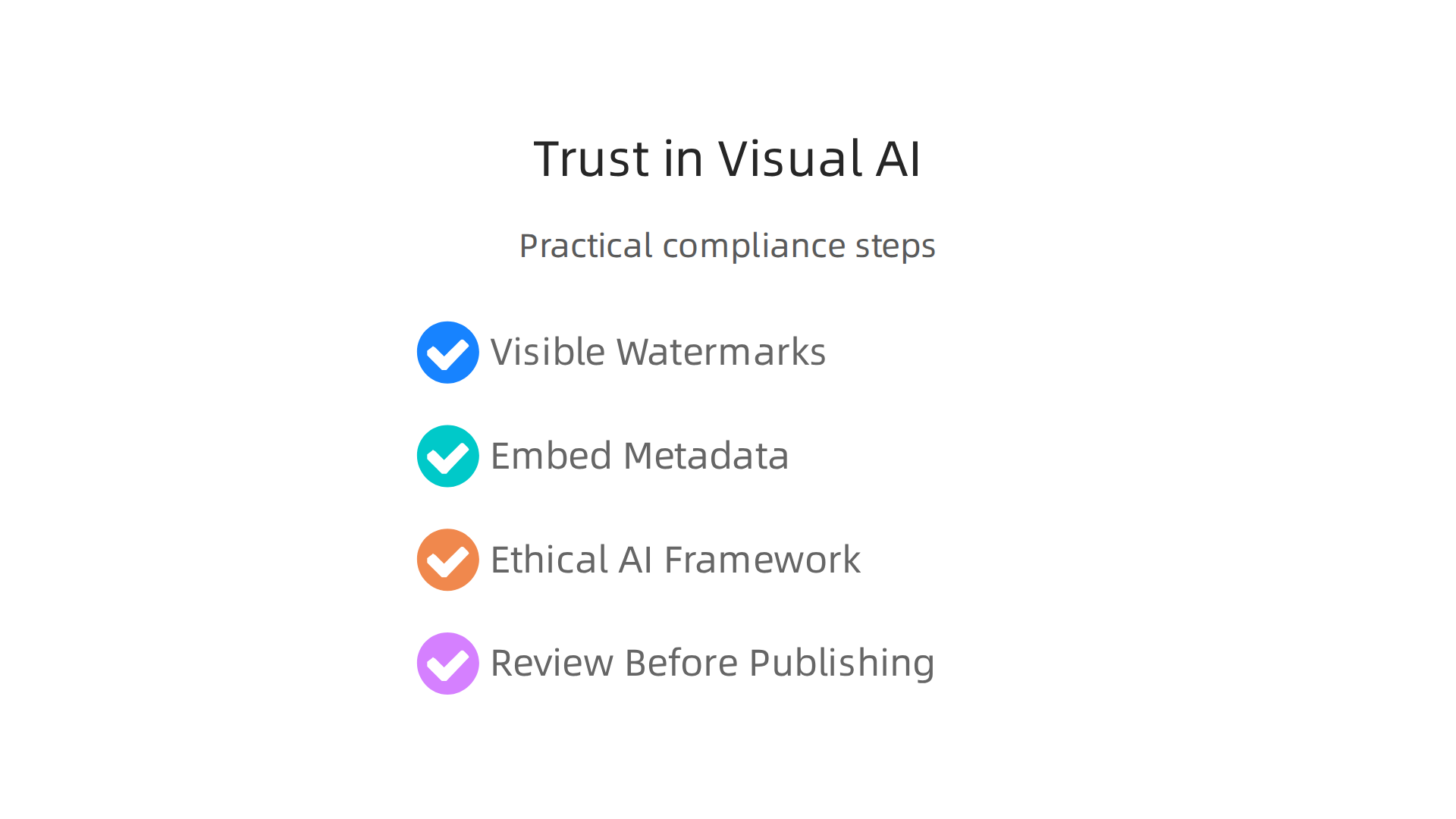 Implement best practices now to ensure compliance and build trust in your visual AI content.