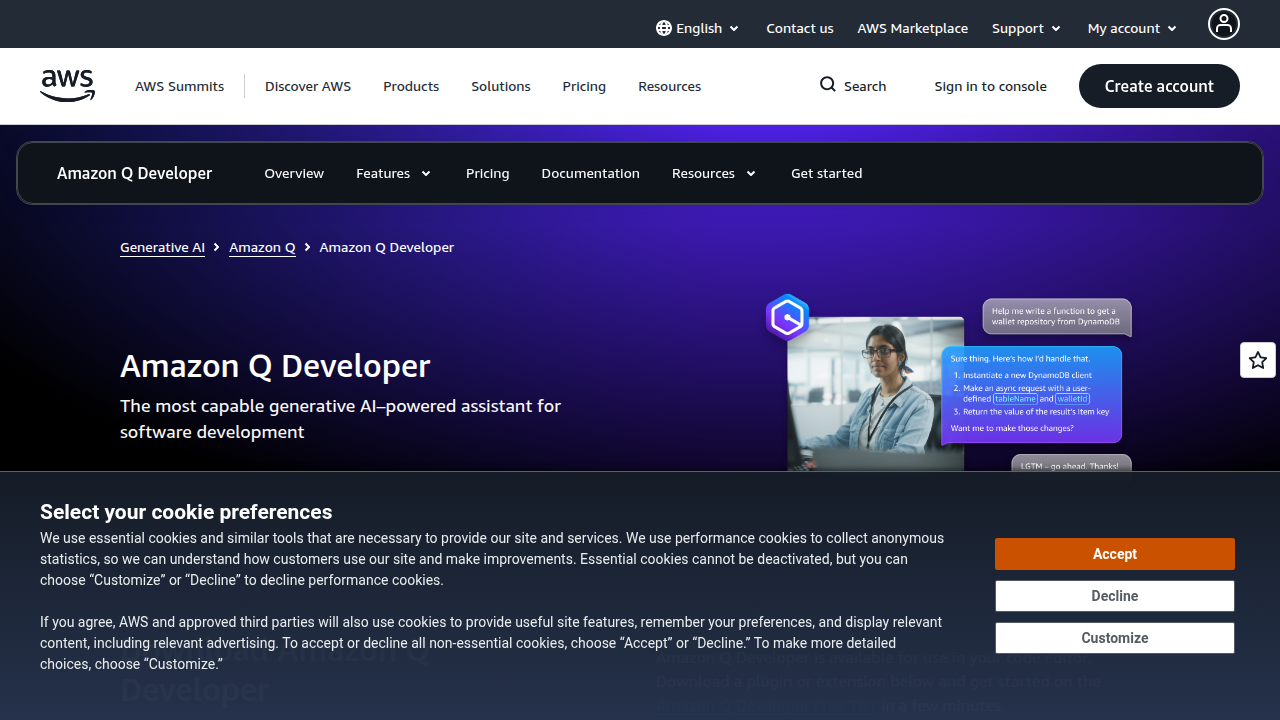 An overview of Amazon CodeWhisperer, illustrating its integration within AWS services and supported languages.
