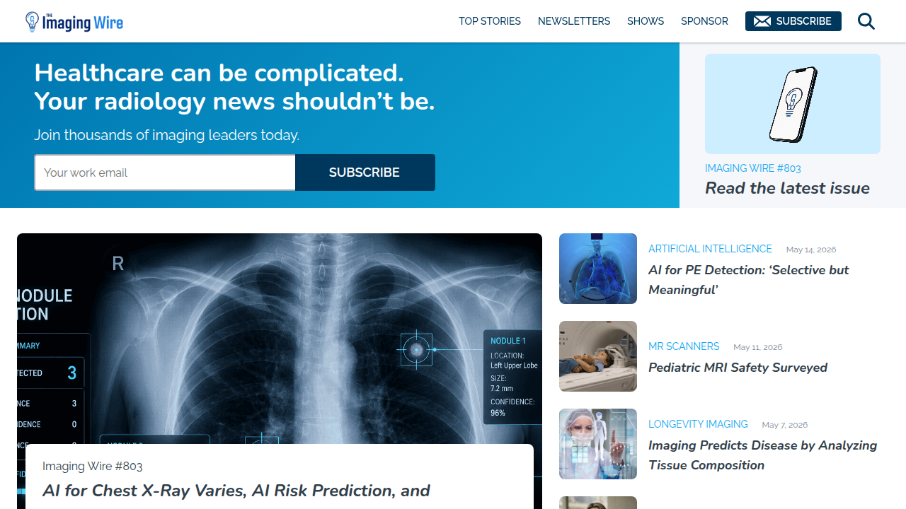 The homepage of The Imaging Wire, reporting on news and regulatory updates in medical imaging.