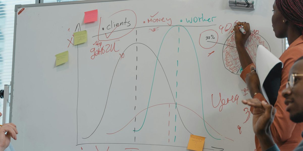 A group of professionals collaborating and brainstorming ideas on a whiteboard, representing creative problem-solving.