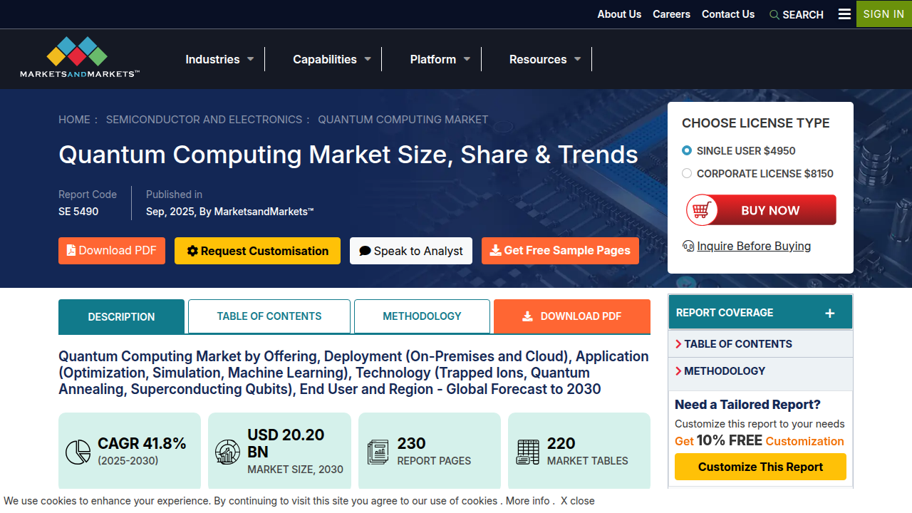 Screenshot of the MarketsandMarkets report page for the Quantum Computing Market, indicating rapid growth and problem-solving capabilities.