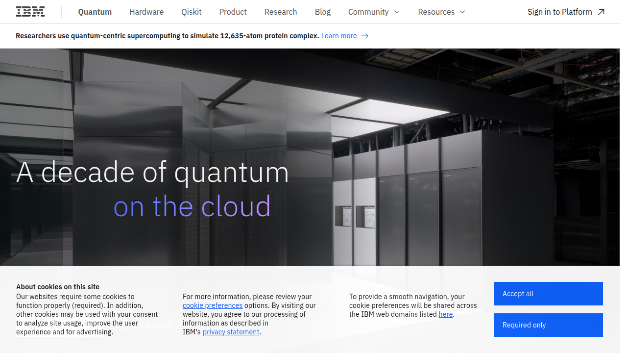 Screenshot of the IBM Quantum Computing homepage, showcasing their commitment to advancing quantum technology and roadmaps.
