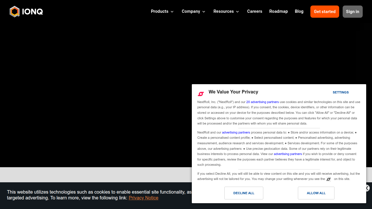 Screenshot of the IonQ homepage, highlighting their commercial trapped-ion quantum systems and contributions as a leading startup.
