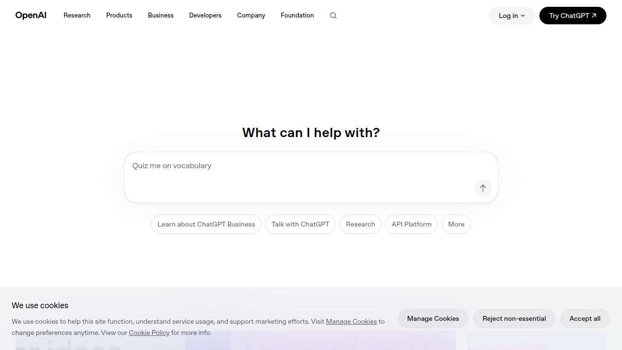 The homepage of OpenAI, the creator of GPT Vision, showcasing their commitment to AI research and development.