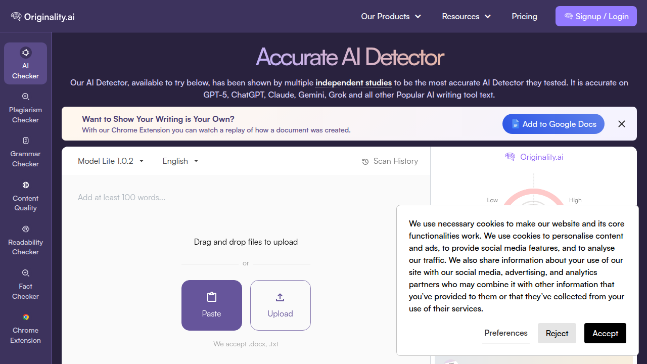 The homepage of Originality.ai, a leading tool for detecting AI-generated content, emphasizing content authenticity.