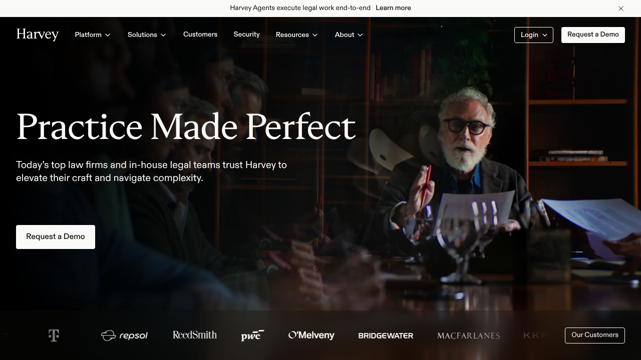 A screenshot of the official Harvey AI website, showcasing its specialized AI solutions for legal and professional services.