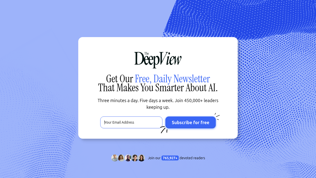 The landing page for The Deep View Newsletter, a resource for daily insights on AI tools and trends.