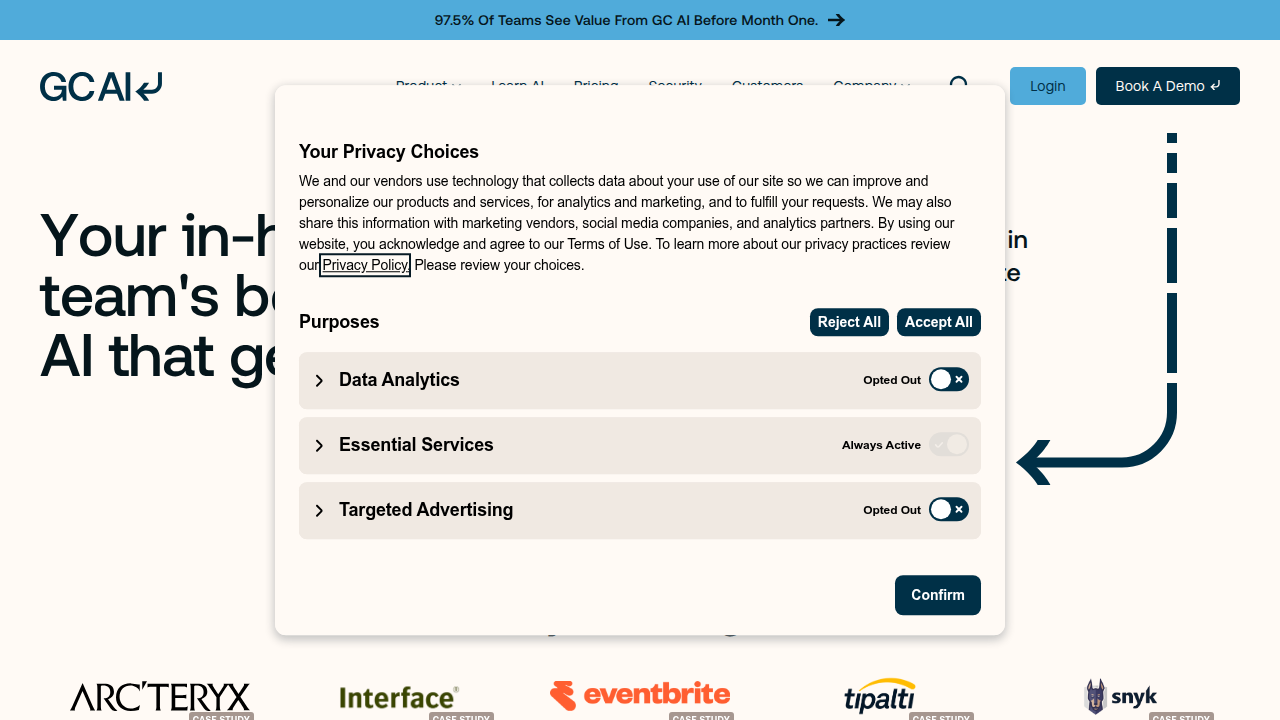 The homepage of GC.AI, a legal technology resource that provides detailed reviews and insights on AI platforms like Harvey AI.