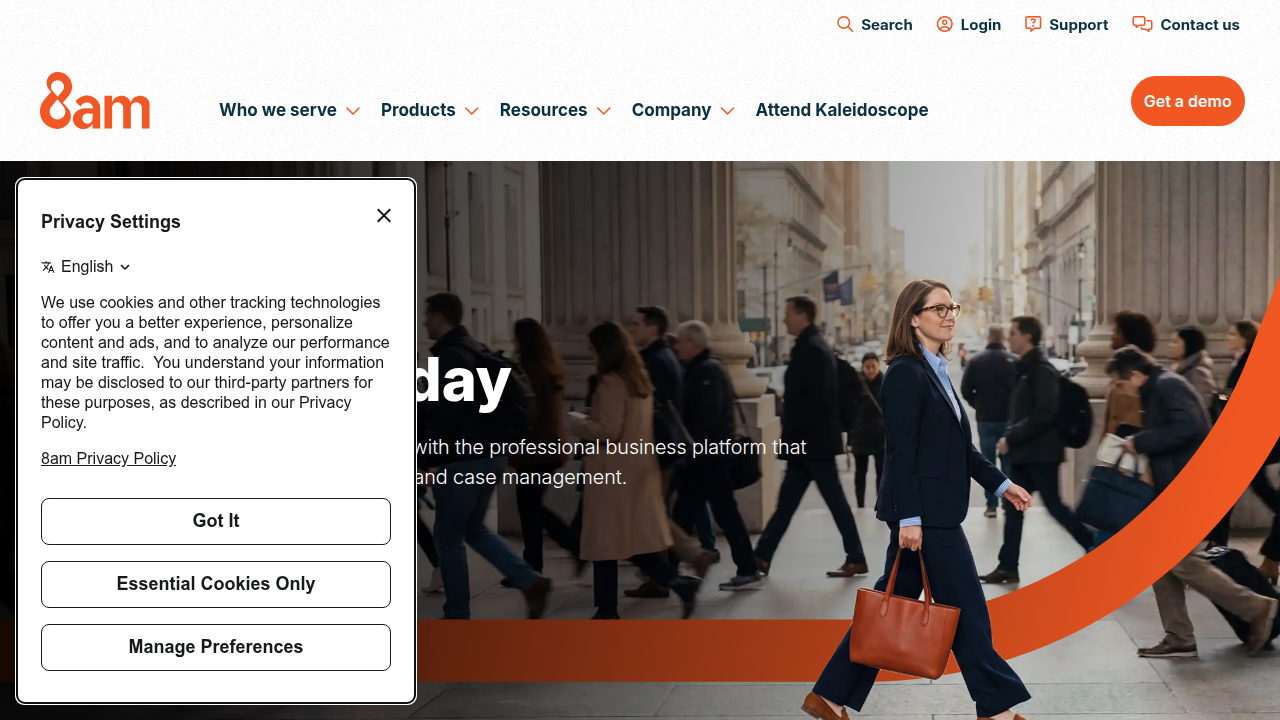 The homepage of 8am, a platform that publishes industry reports, including the 2026 Legal Industry Report on AI adoption.