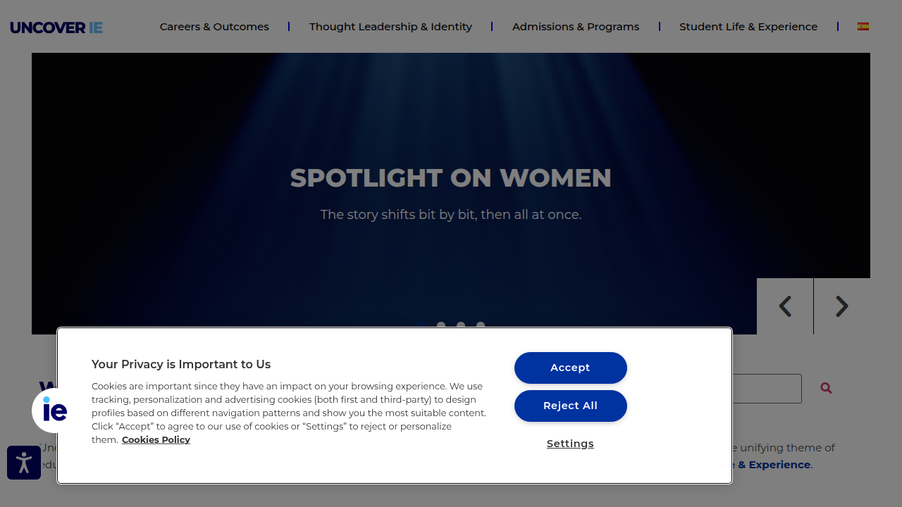 Screenshot of IE University's Uncover IE section, where innovation rankings are often published.