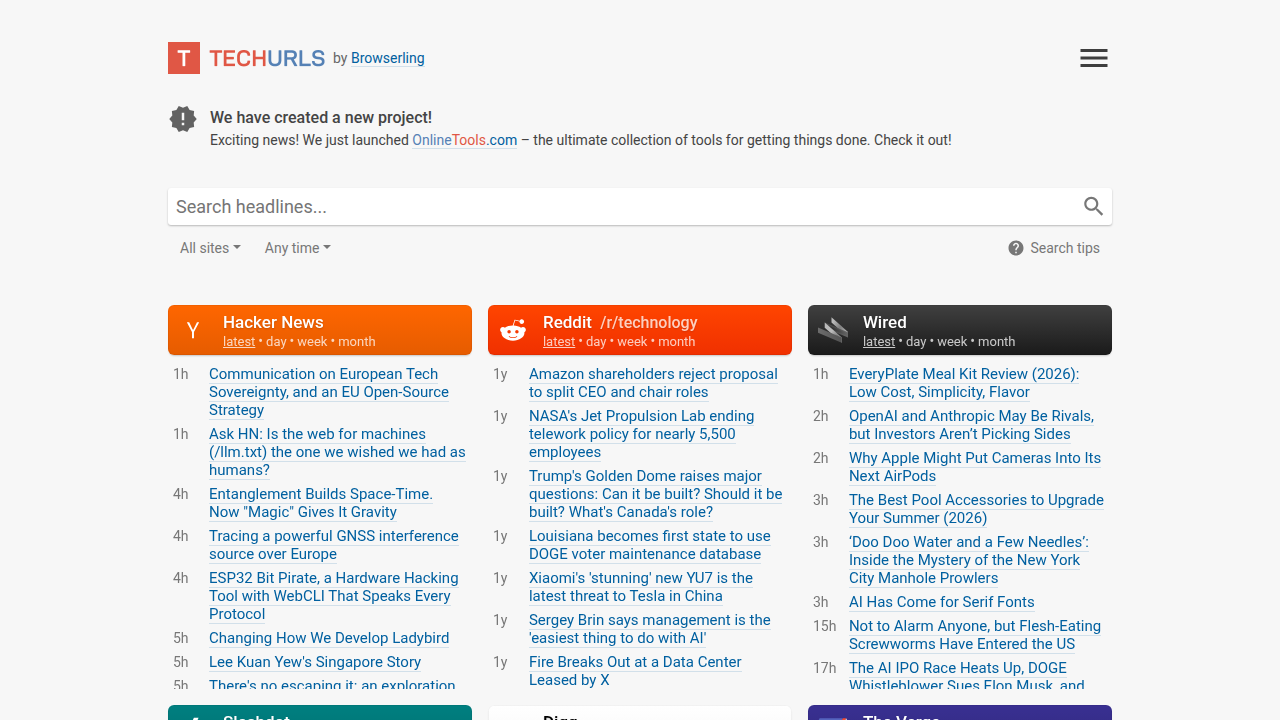 Screenshot of TechURLs.com, a simple news aggregator for top tech stories.
