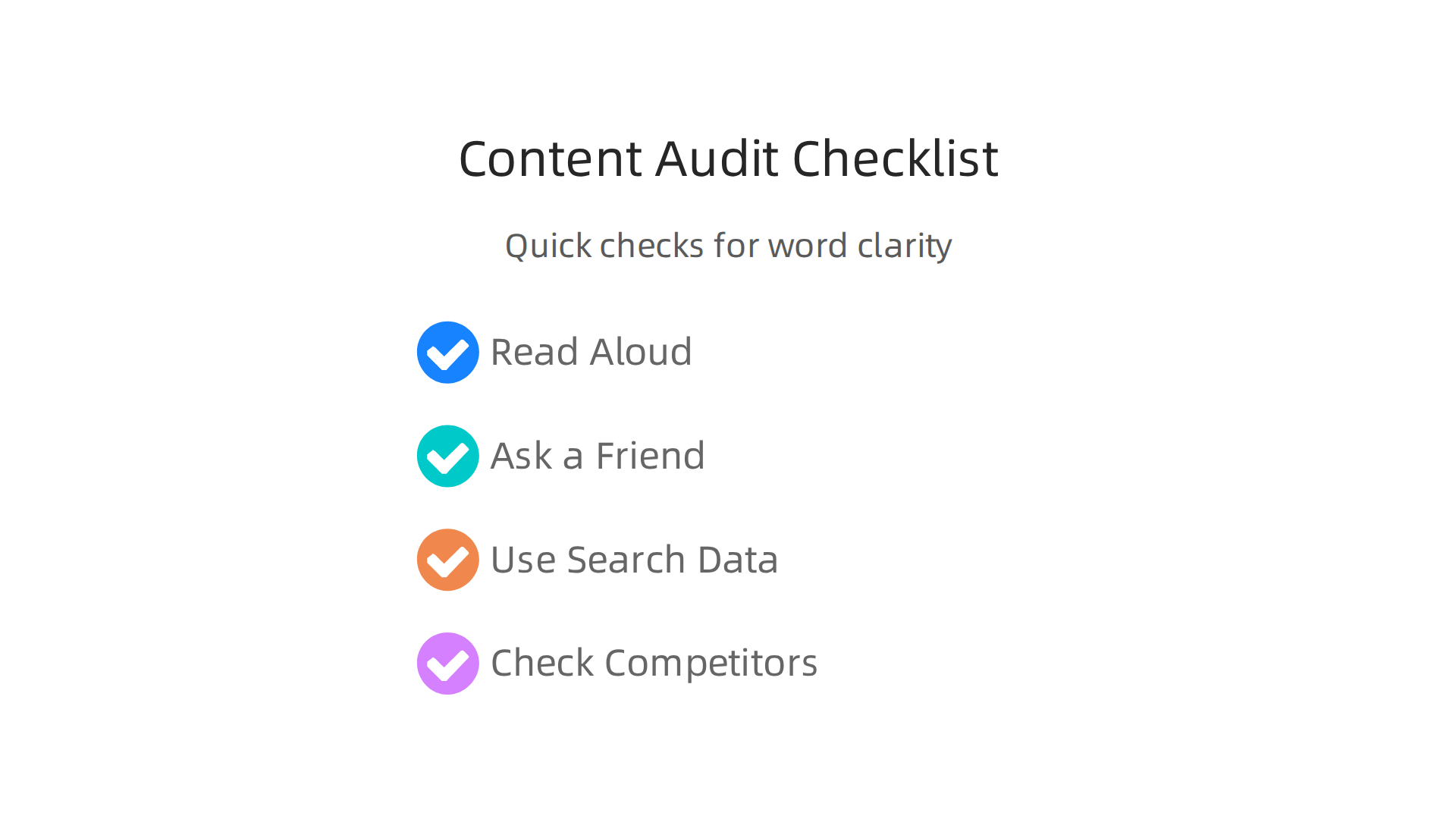 A checklist of practical methods for auditing content to identify and resolve issues with word clarity and effectiveness.
