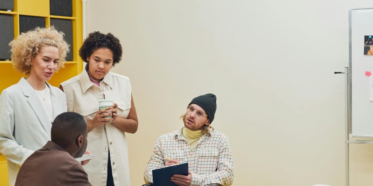 People in a meeting appearing confused or disengaged, symbolizing the risks of jargon and miscommunication in professional settings.