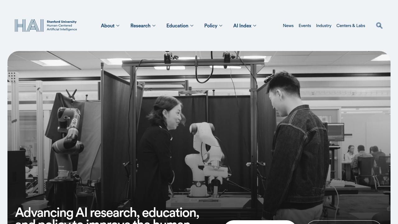 The homepage of Stanford HAI, a leading institution for AI research, illustrating a key reference for understanding AI trends.