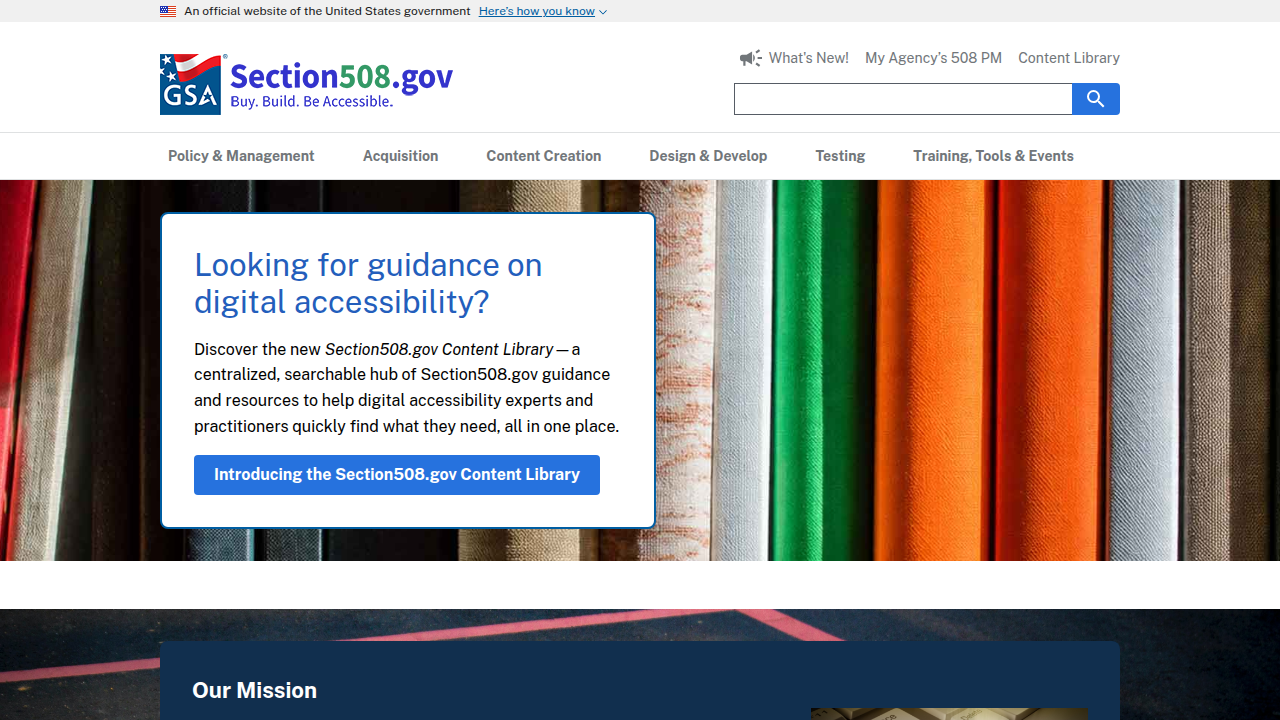 The Section508.gov homepage, which provides information on IT accessibility laws and policies, demonstrating the importance of clear language in compliance.