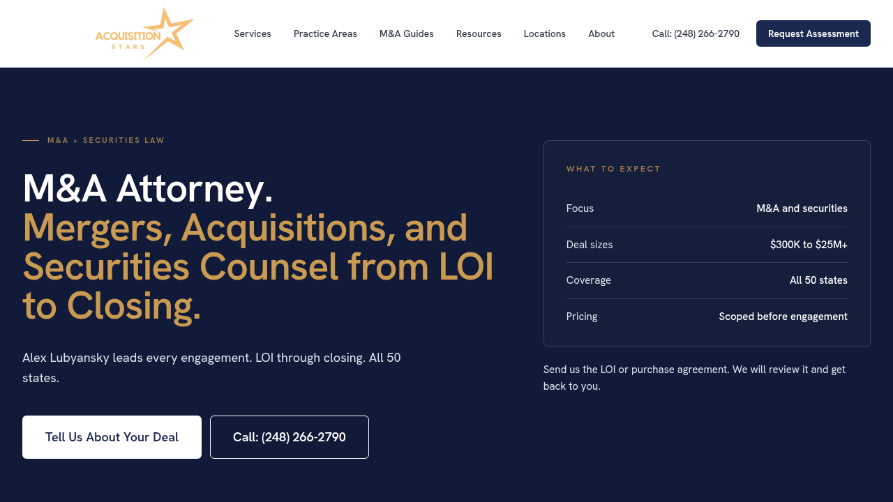 Acquisition Stars' website, providing resources and guides for M&A due diligence processes.