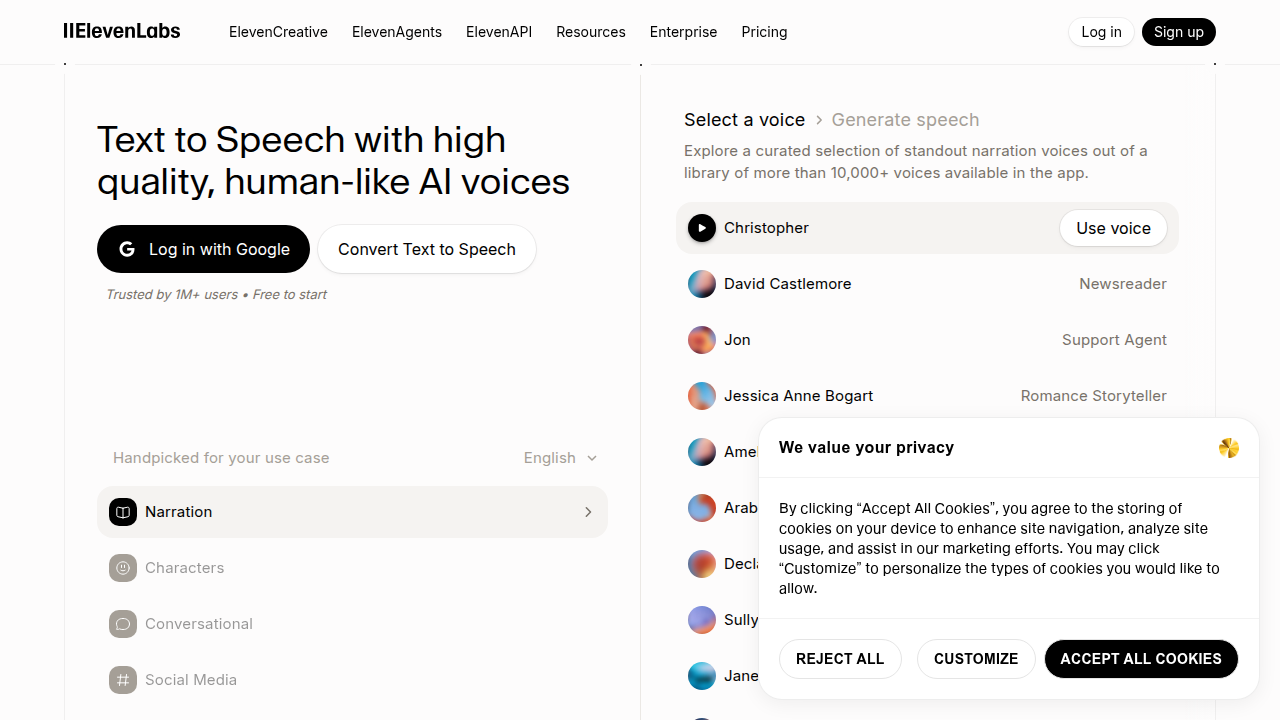 A screenshot of the ElevenLabs Text-to-Speech online interface, demonstrating its core functionality.