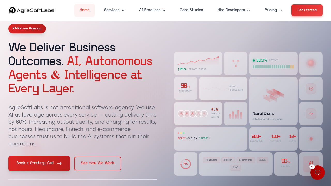A screenshot of the AgileSoft Labs homepage, relevant for insights into building enterprise AI agents.