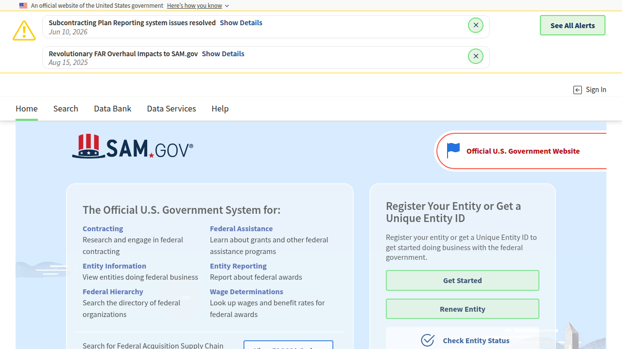 Screenshot of SAM.gov, a primary U.S. government website for contract awards and spending data, essential for due diligence.