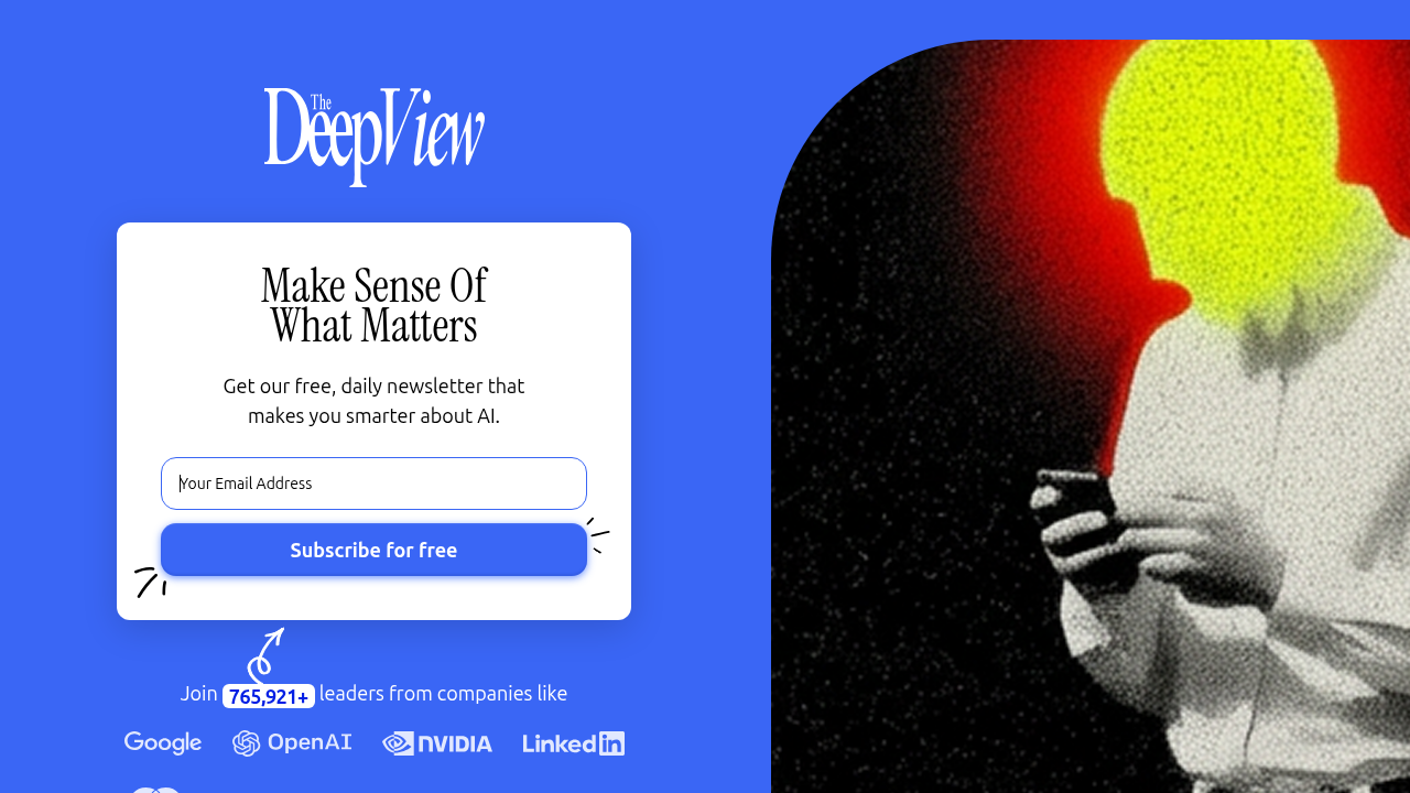 The signup page for The Deep View, an AI newsletter offering daily updates to stay informed.
