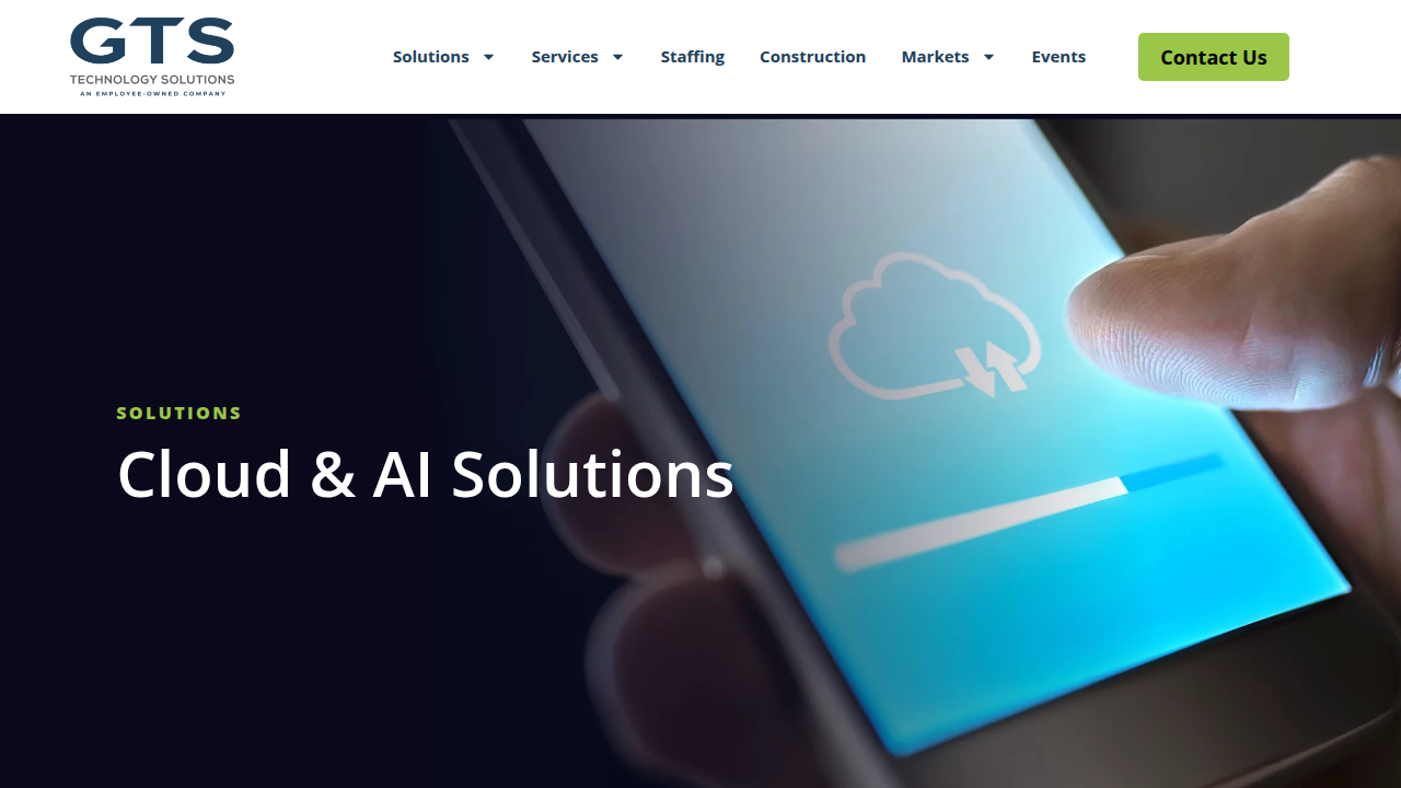 The GTS Technology Solutions website showcasing their comprehensive Cloud & AI offerings and services.