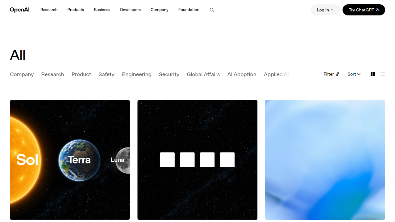 Screenshot of the OpenAI blog, offering direct updates on new model releases and research breakthroughs.