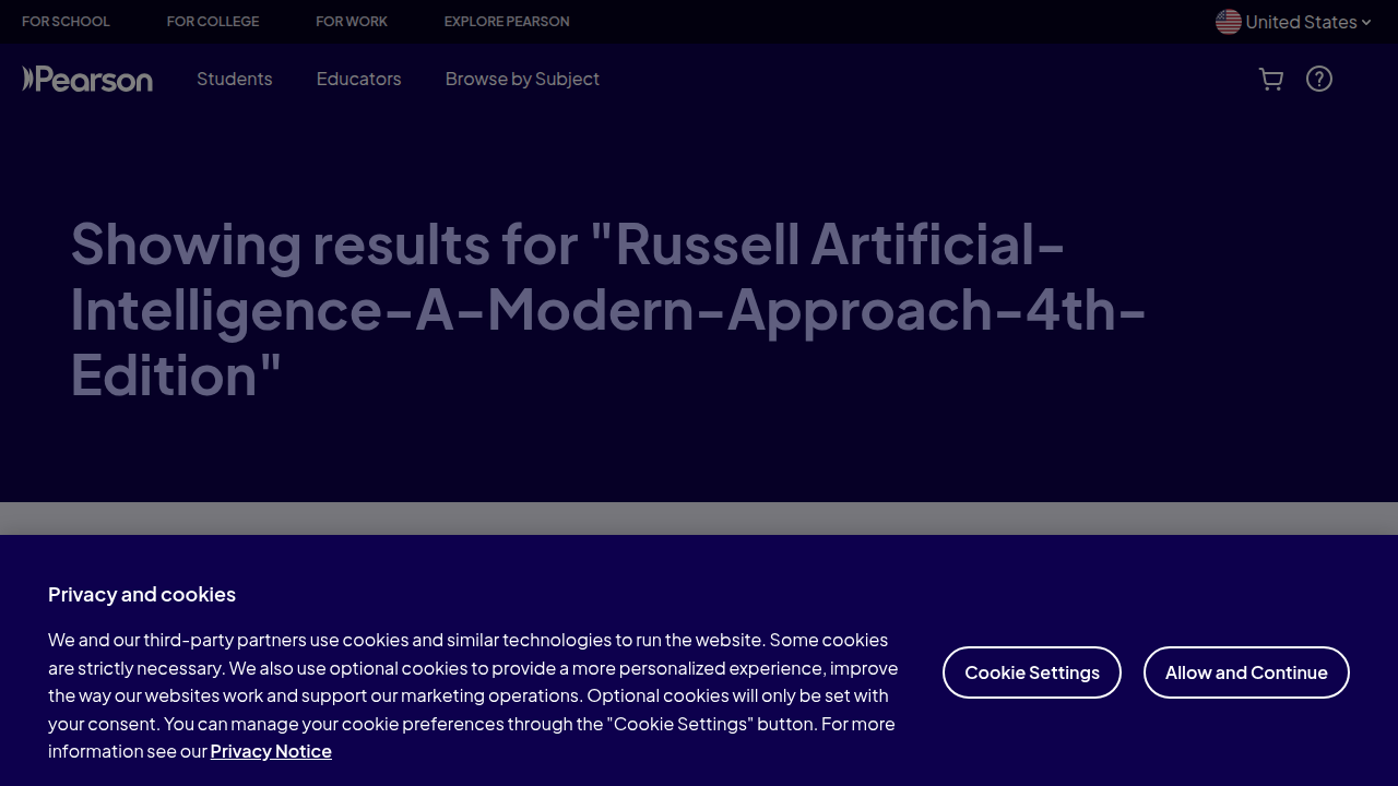 The official Pearson website page for 'Artificial Intelligence: A Modern Approach, 4th Edition' by Russell & Norvig.
