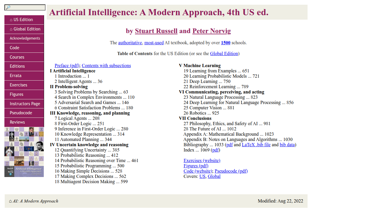 The homepage of the official 'Artificial Intelligence: A Modern Approach' (AIMA) website, offering resources for the textbook.