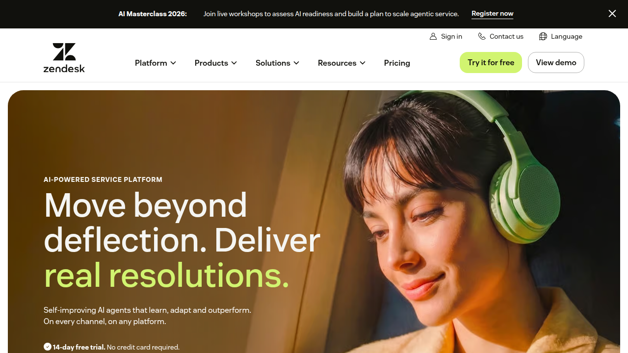 A screenshot of Zendesk's homepage, a customer service software company that often discusses AI in their blog.