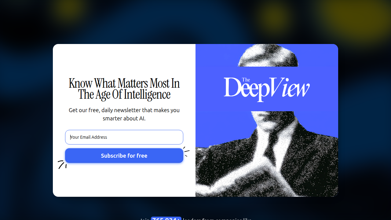 A screenshot of The Deep View's subscription page, offering insights into AI developments, ethics, and regulations.