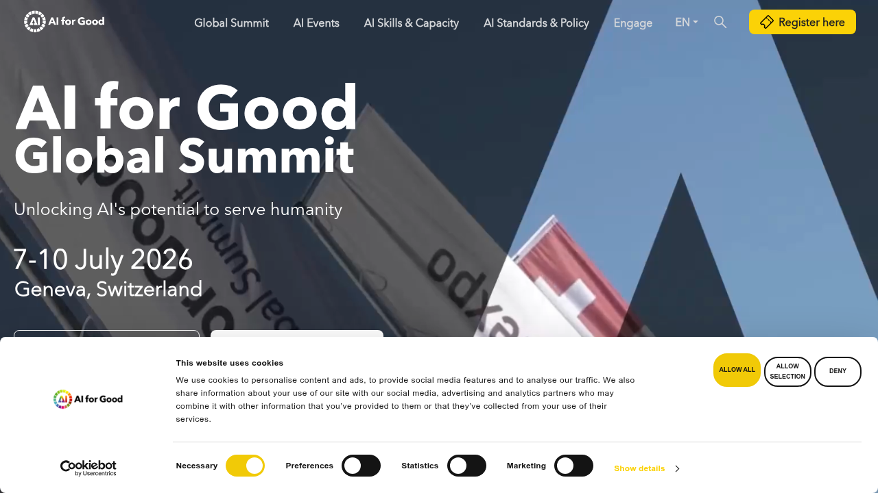 Homepage of the ITU AI for Good initiative, a leading voice in global AI strategy and impact.