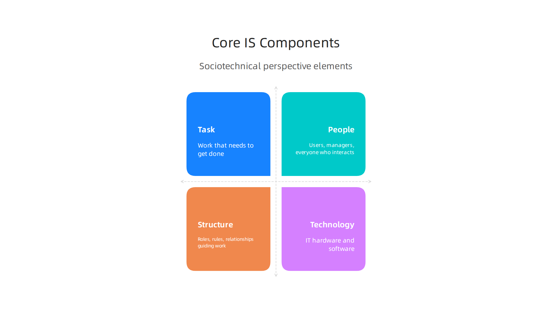 The essential elements that combine to form a functional Information System, emphasizing the sociotechnical perspective.