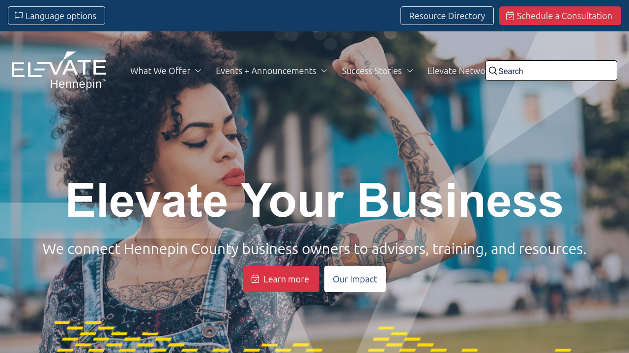The Elevate Hennepin website, a resource for small businesses seeking technology support.