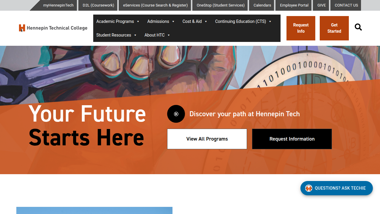 The homepage of Hennepin Technical College, highlighting their academic programs and hands-on training.