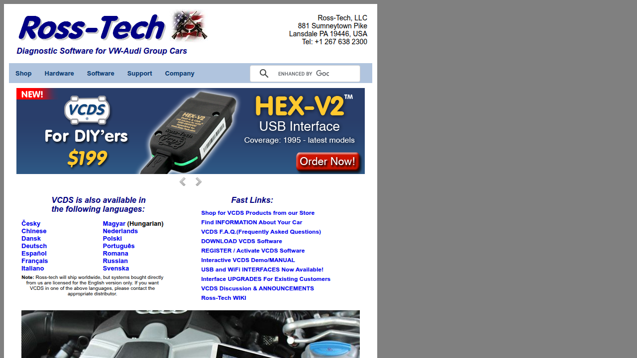 The homepage of Ross-Tech, LLC, showcasing their VCDS software for automotive diagnostics.