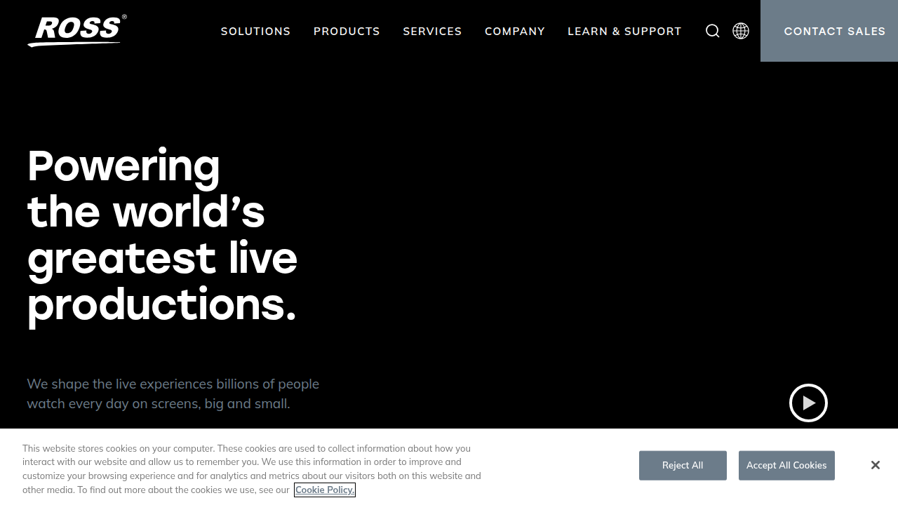 The Ross Video homepage highlights their solutions for live video production and broadcasting.