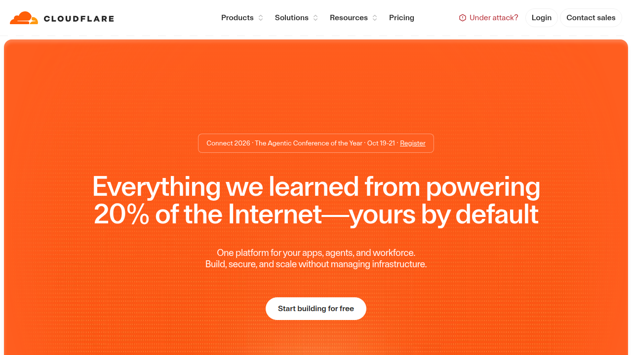 Screenshot of Cloudflare's website, a leading provider of edge computing and CDN services.