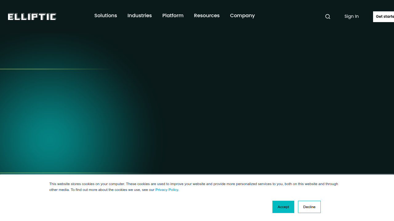 The Elliptic website, a provider of blockchain analytics crucial for AML and KYC compliance in the crypto space.