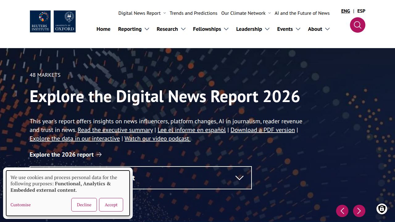 A screenshot of the Reuters Institute website, detailing digital news reports.