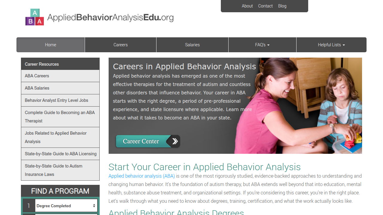 A screenshot of the Applied Behavior Analysis Education website, a resource explaining behavioral change technology.