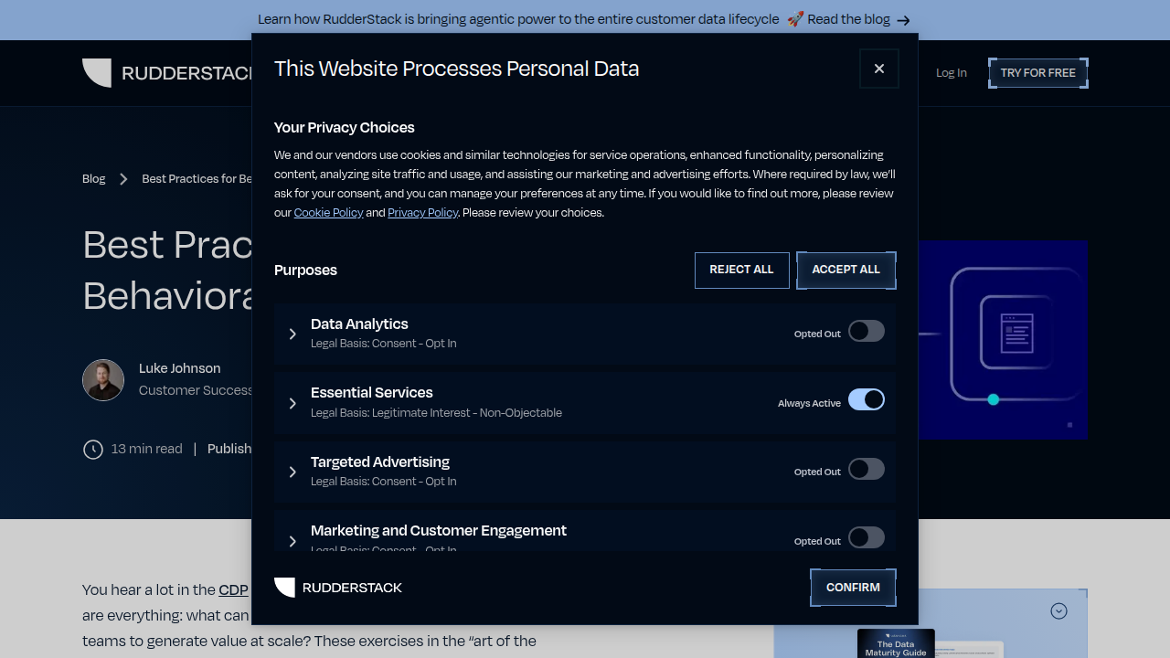 A screenshot of the Rudderstack blog post on best practices for behavioral data collection.
