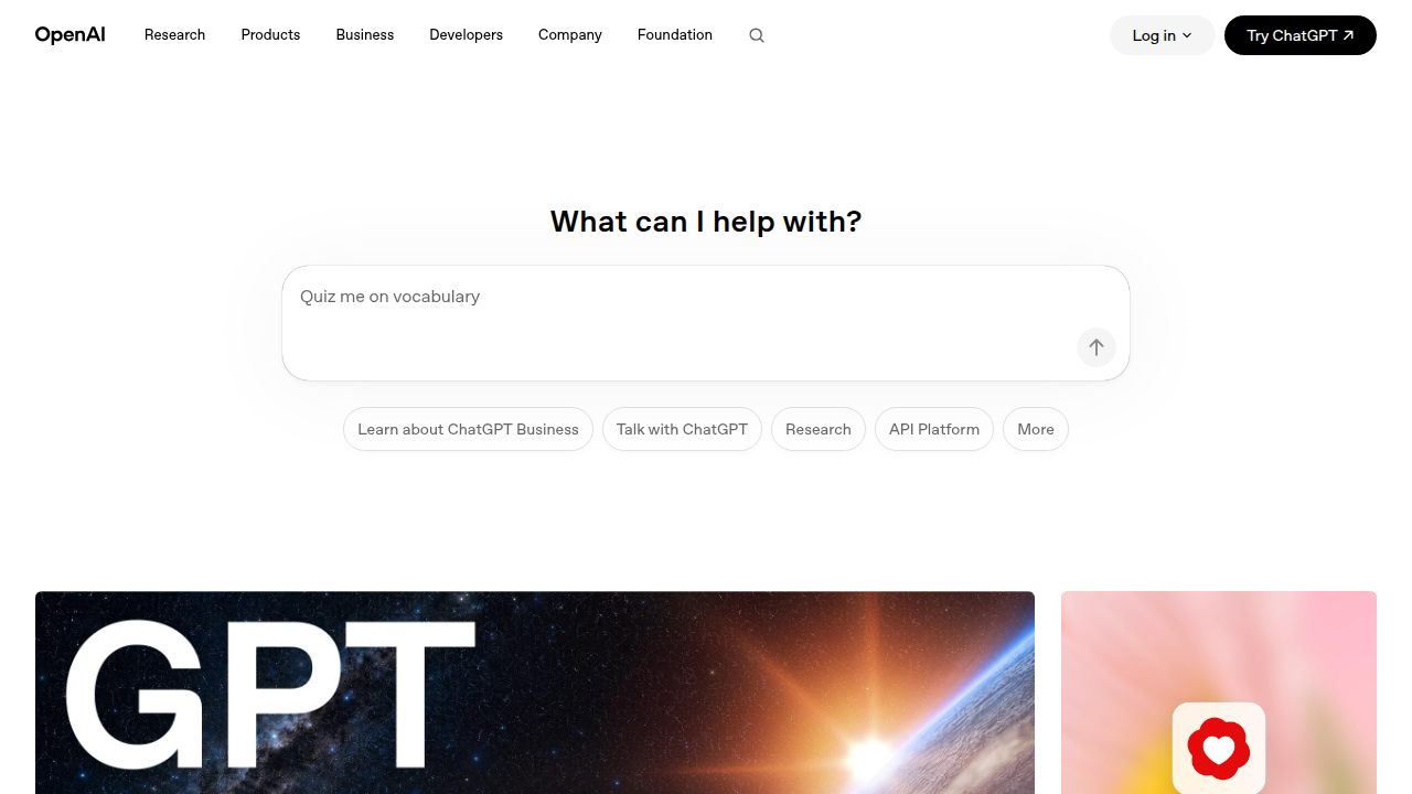 OpenAI's official website, showcasing the organization's cutting-edge research and development in artificial intelligence, including their well-known large language models.