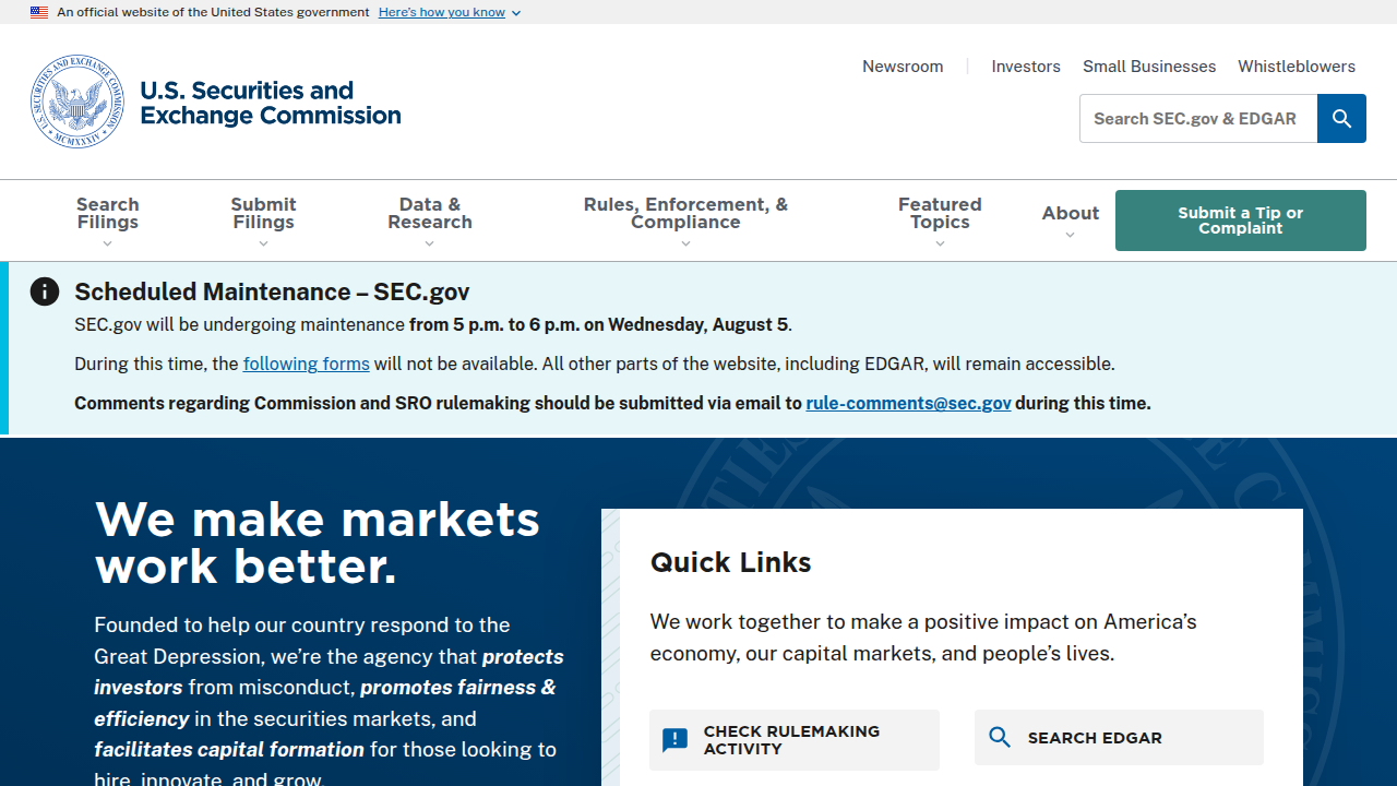 Screenshot of the U.S. Securities and Exchange Commission (SEC) homepage, featuring news and regulatory updates.