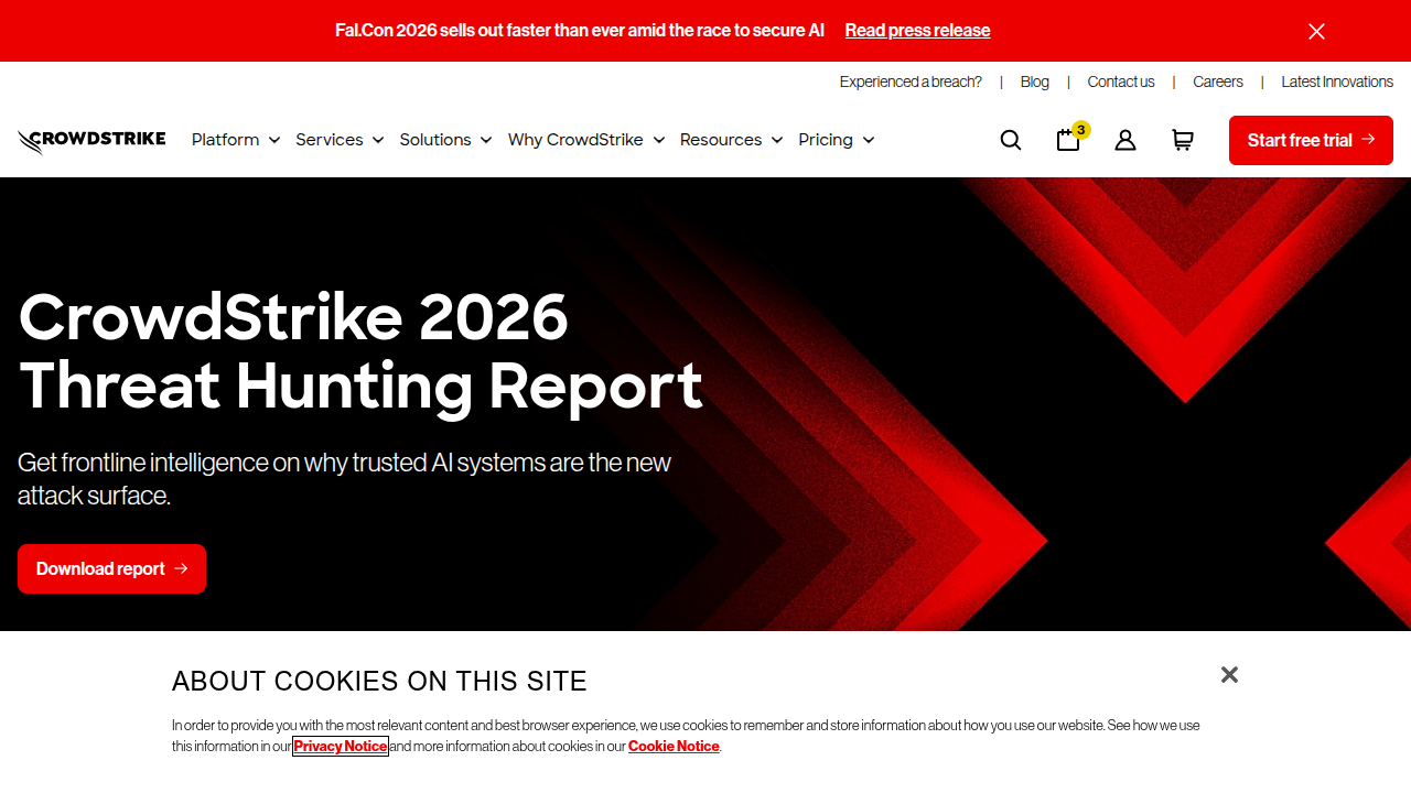 Screenshot of CrowdStrike's homepage, a leading cybersecurity firm addressing global threat reports.