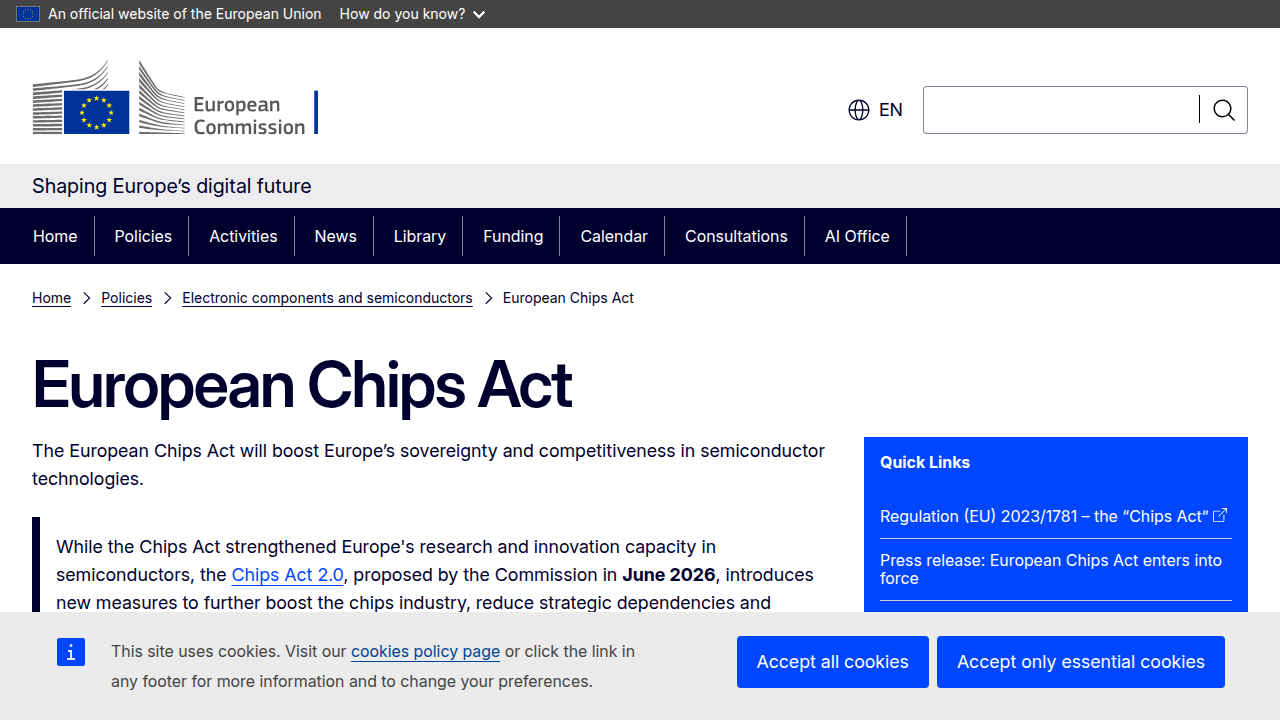 The official website of the European Chips Act, detailing the EU's strategic initiatives to strengthen its semiconductor ecosystem.