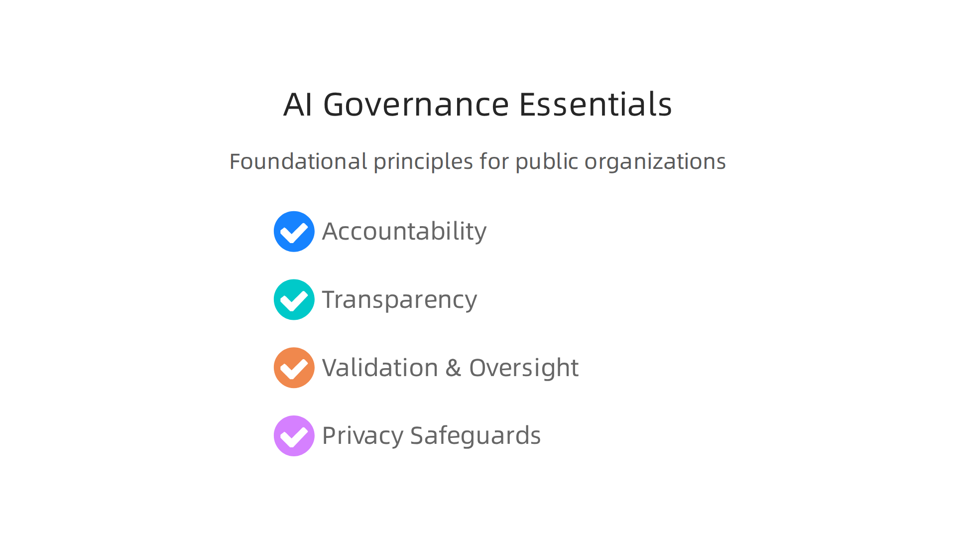 An infographic outlining the foundational principles of effective AI governance in public organizations.