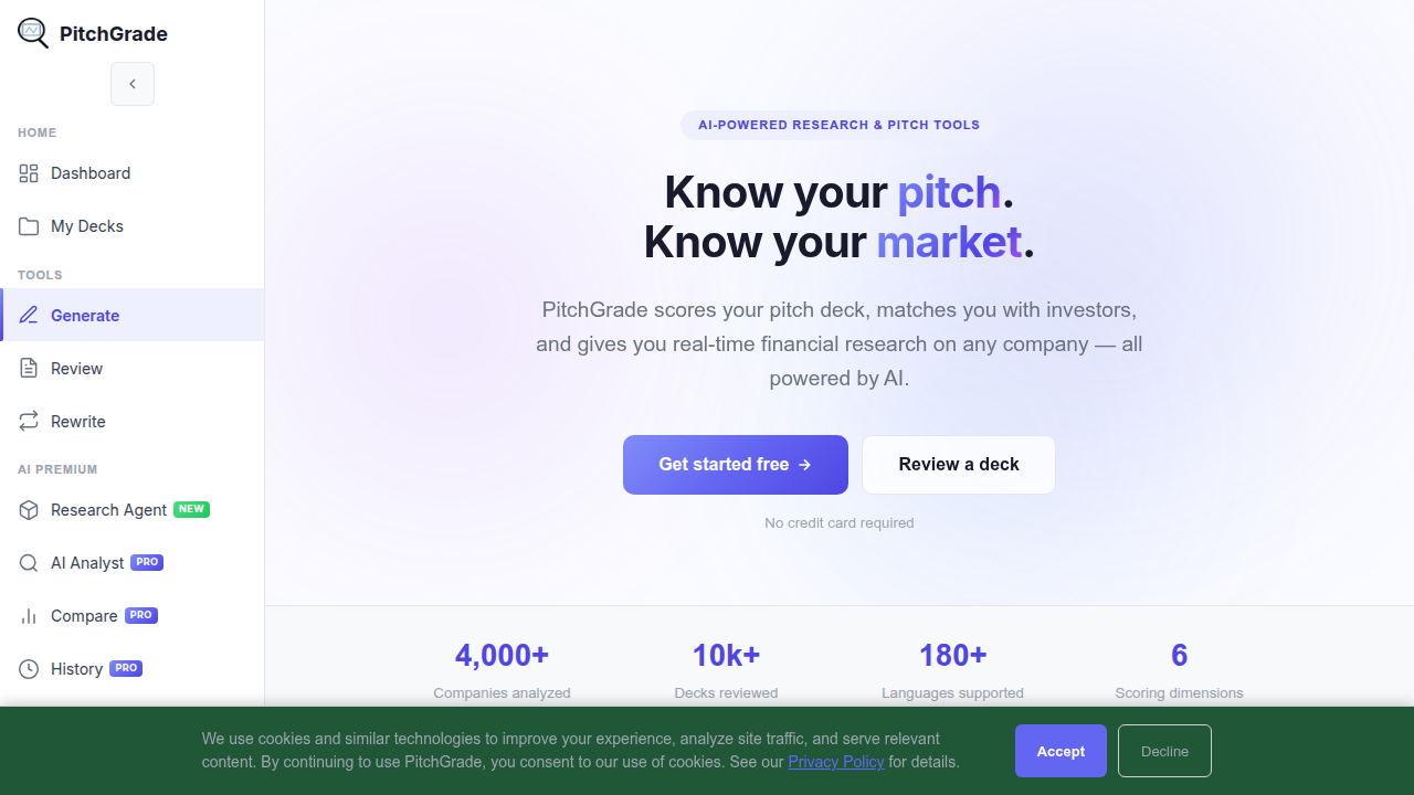 Screenshot of the PitchGrade homepage, a resource for innovative business models.