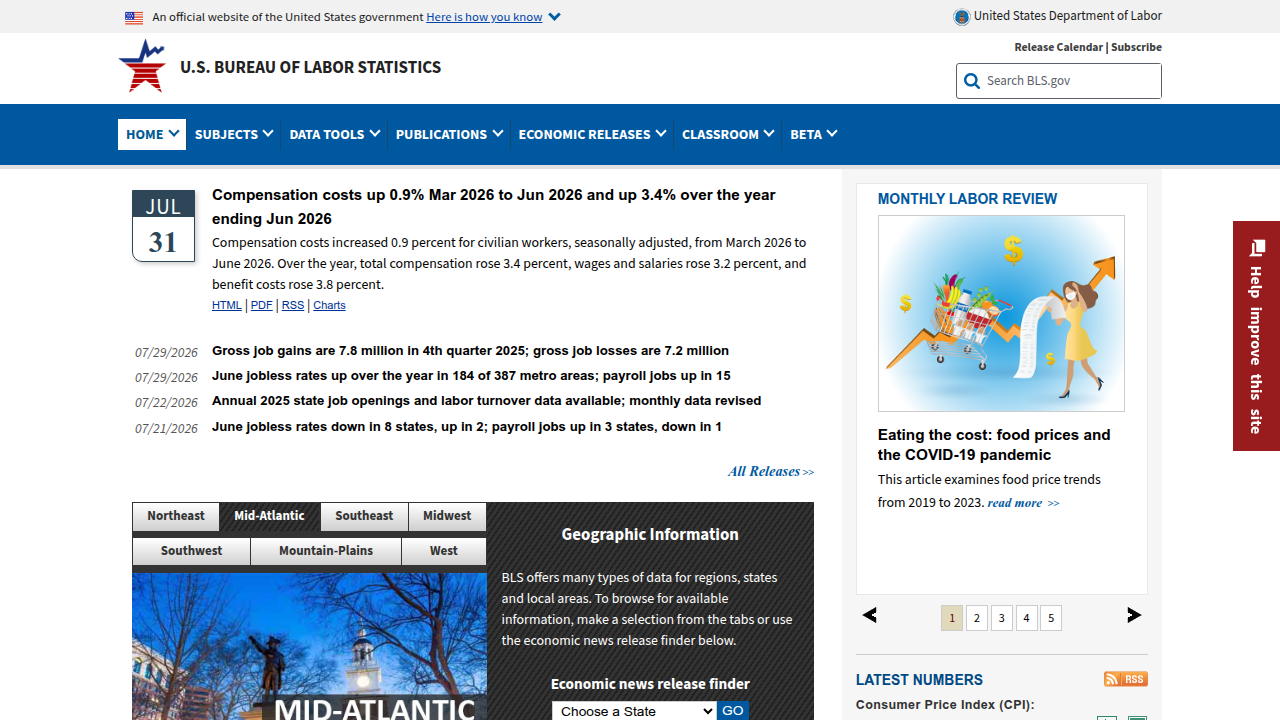 Screenshot of the Bureau of Labor Statistics (BLS) website, providing official economic data relevant to the Albany, NY, area.