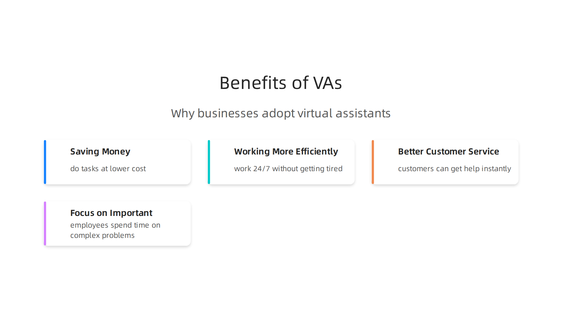 An infographic detailing the primary advantages businesses gain by implementing virtual assistant solutions.